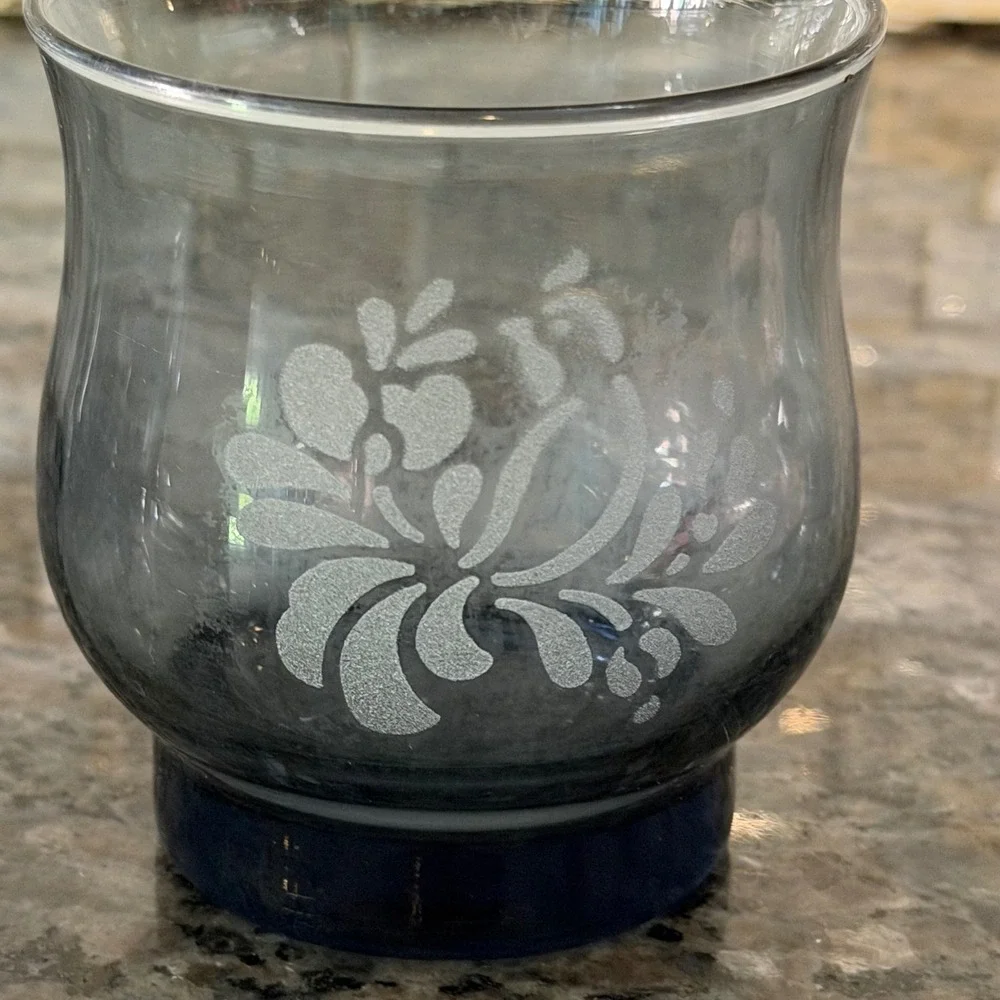 Vintage Pfaltzgraff Yorktown etched floral Glasses Smoked Blue Set of 5